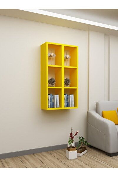 Dekormer Design Kitaplık Sarı Duvar Rafı Ikili Takım