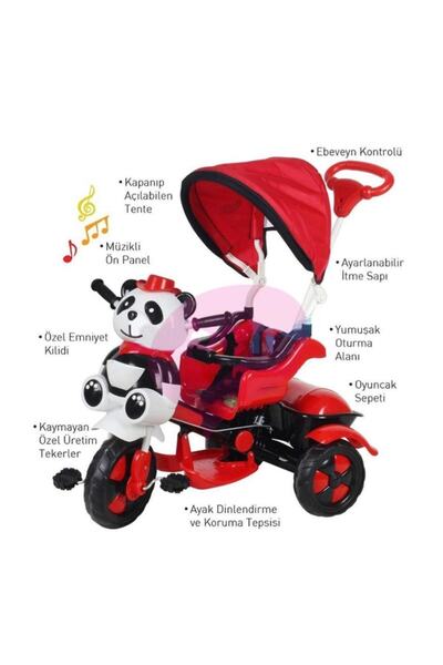 BabyHope 127 Little Panda Ebeveyn Kontrollü Tenteli Müzikli Tricycle Üç Teker Bisiklet - Kırmızı Siy