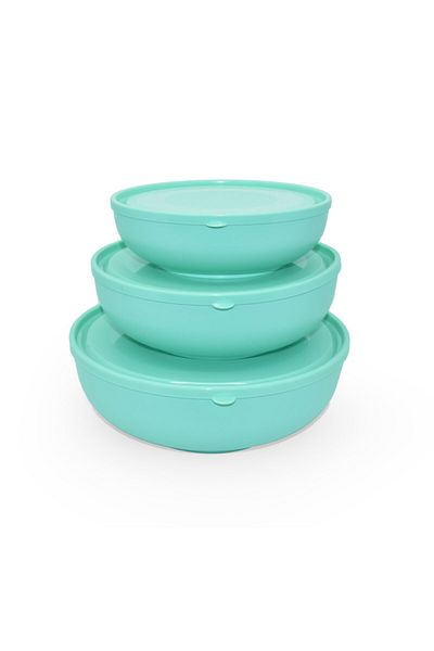 Melkan Home Shallow Bowl Set with Round Lids 3-Piece Bowl Set Hard Plastic with Soft Lids Pastel Green