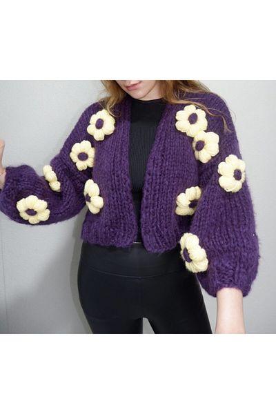 mihal boutique Purple Flower Motif Hand Knitted Cardigan