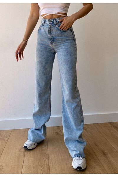 LİMABEL Blue Snow Wash Loose Jeans Extra High Waist Loose Jeans Lycra Palazzo Jeans