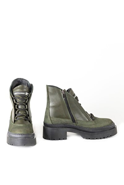TwoEgoist Kadın Hakiki Deri Haki Yeşil Kalın Tabanlı Kışlık Fermuarlı Ve Bağcıklı Tasarım Bot
