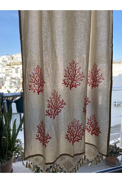 Mrmemo Linen Curtain Red Coral Basement Handcrafted Lacy