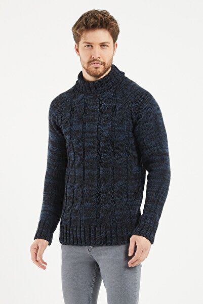 COOL TARZ Ανδρικό πλεκτό πουλόβερ σε μπλε ναυτικό μαύρο λαιμό