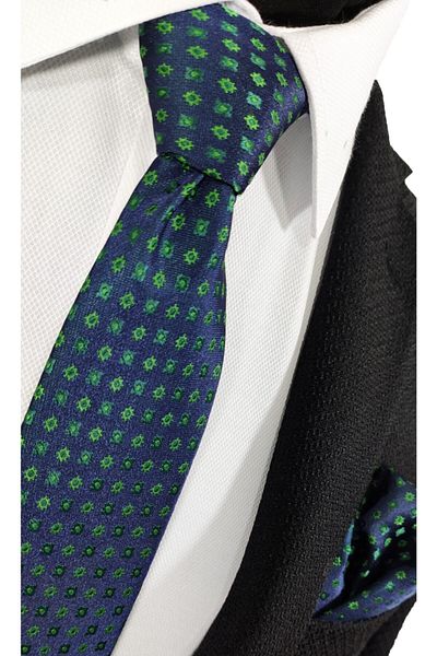 BLC Basic Line Co. Patterned Jacquard Microfiber 7 Cm Wide Tie and Handkerchief Set in Navy Blue Colors