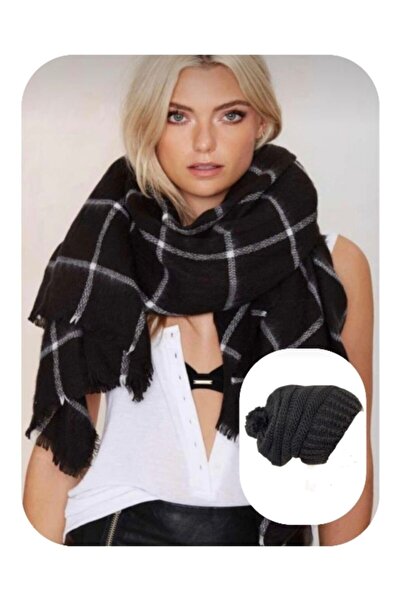 sema aksesuar Ασπρόμαυρο ριγέ κασκόλ και ανθρακί σετ φασολιών - Δώρο για την ...