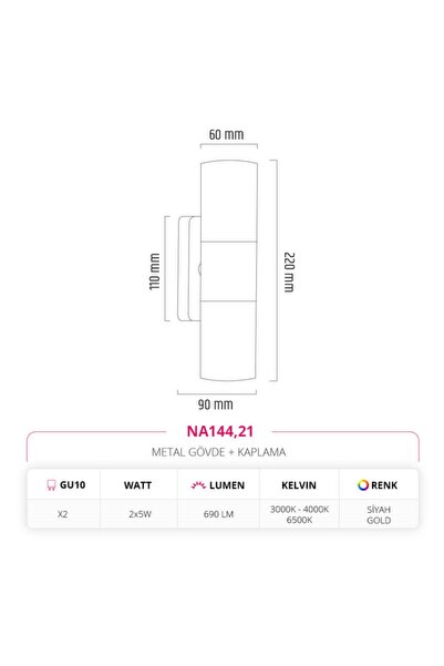 NEVO Çift Yönlü Iç Mekan Aplik Siyah Gold 4000k Ilık Beyaz Na144