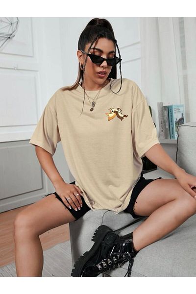AFROGİYİM Oversize μπλουζάκι Kanka Squirrel σε μπεζ χρώμα