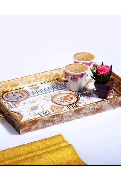 Kosova 219 Glass Acrylic Rectangular Tray Gold Cream 50cm*31cm