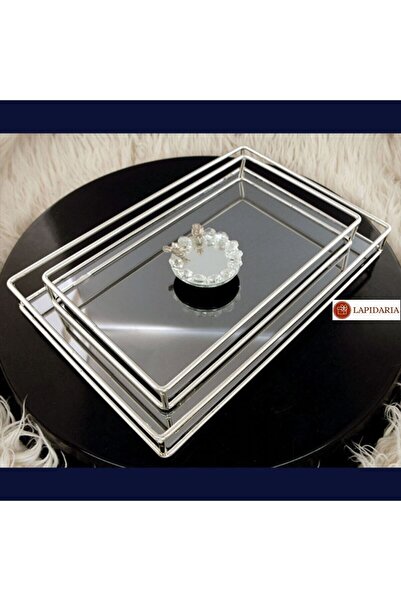 YENİ HEDİYELİK DÜNYAM صينية معدنية فاخرة مزخرفة مكونة من قطعتين باللون الفضي