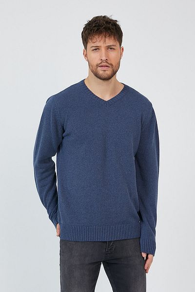 Matte Helsinki Men's V-Neck Indigo Plain Knitwear Sweater