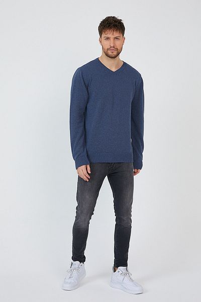 Matte Helsinki Men's V-Neck Indigo Plain Knitwear Sweater