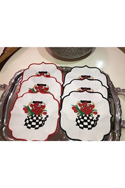 Lilies Atelier Mackenzie Damalı Siyah-kırmızı Çaydanlık 6 Adet Nakışlı Koktey...