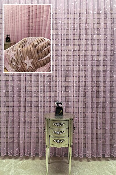 PERDECITY Yıldız Desen Pudra Renk Çoçuk Odası Tül Perde 1x3 Sık Pile 300 X 260