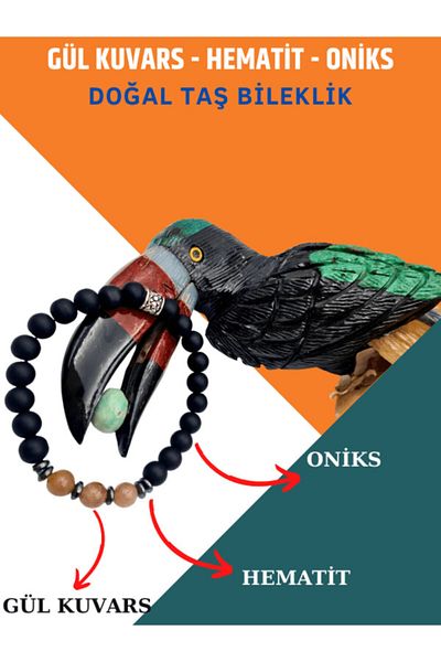 GÜMÜŞTEL EL SANATLARI Certified Natural Stone - Rose, Quartz, Hematite and Onyx Bracelet