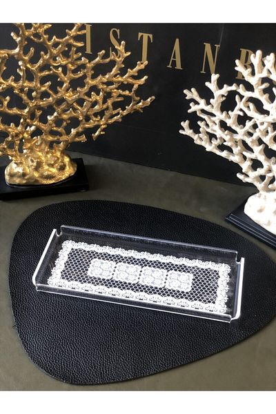 Queen Bee İstanbul Lace Patterned Baton Type Plexiglass Tray -30X14Cm- Tea Coffee Pastry Serving Presentation