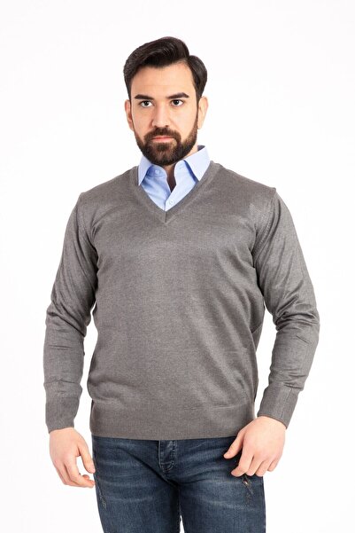 NACAR STORE Men's Gray Thin Wool Knitwear V-Neck Knitwear Sweater
