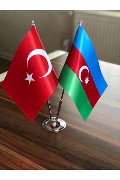 Genel Markalar Azerbaycan Masa Bayrağı Krom Direkli Ikili Bayrak