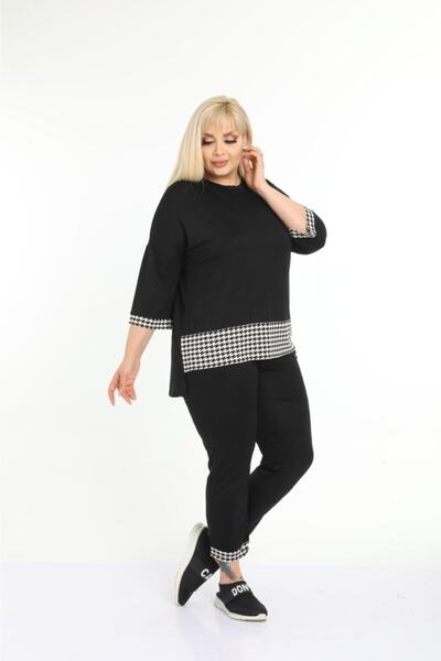 ModaSehle Дамски комплект анцуг с черен капри и шарка „хаундстук“, големи размери