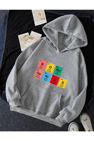 Deocept Унісекс Oversize Сірий Born Genius Світшот з капюшоном та принтом