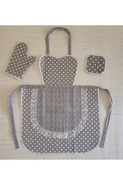 MoT Dekor Kitchen Apron Holder Gloves Set Gray Polka Dot Set T5643