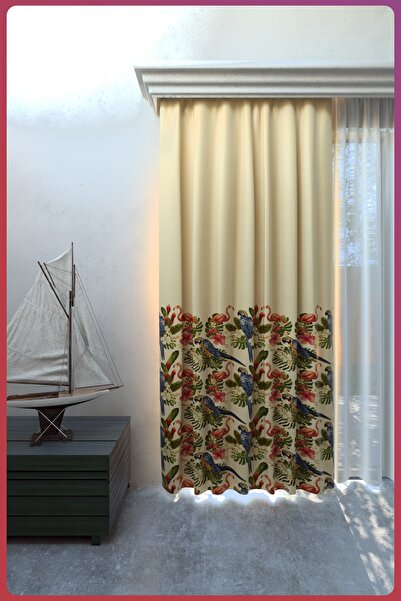 Nebumu Ithal Blackout Tuby Flamingolu Bej Büzgülü Perde