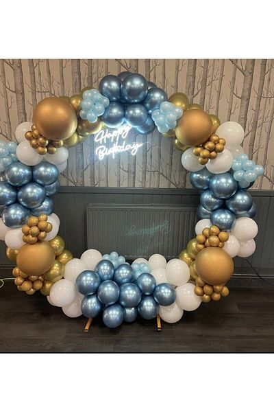MERİ PARTİ Chrome Blue Gold Pastel White Balloon Chain 100 Pieces