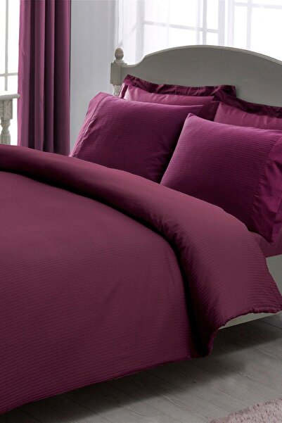 Taç Premıum Basıc Striped Nevresim Takımı King Mürdüm