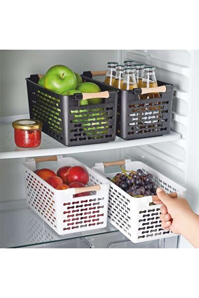 Amentes 4 Adet Ahşap Renk Plastik Saplı Organizer Sepet Düzenleyici 2 Beyaz 2 Siyah