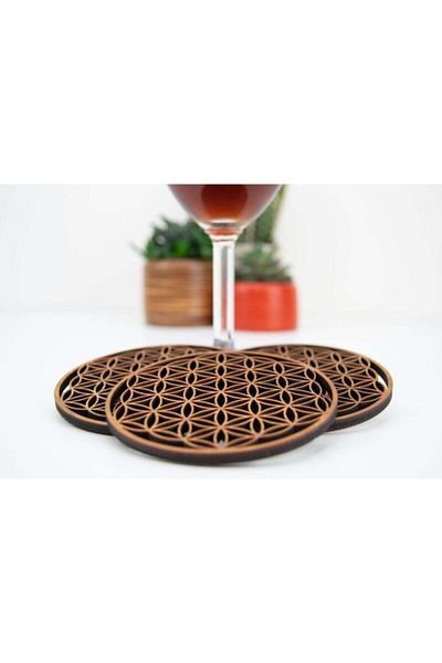 Sanat Ahşap Tasarım Atölyesi Flower of Life Coaster Set of 4 Wooden Coasters