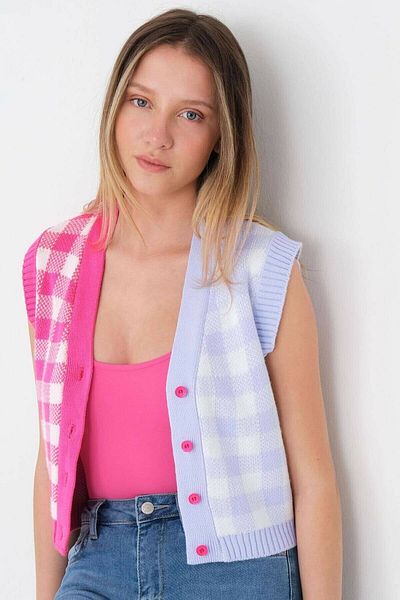 KYLE XM Women's Vest Lilac Pink Mint Block Color Crop Fit Sweater