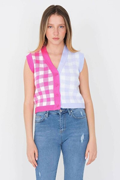 KYLE XM Women's Vest Lilac Pink Mint Block Color Crop Fit Sweater