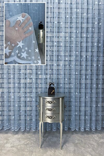 PERDECITY Yıldız Desen Mavi Renk Çoçuk Odası Tül Perde 1x3 Sık Pile 300 X 260