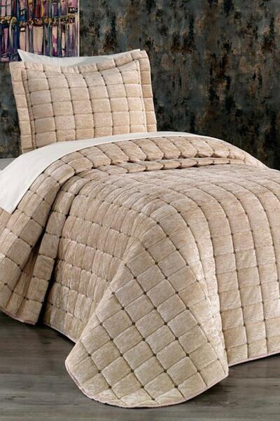 Kadınca Dükkan Tek Kişilik Kadife Yatak Örtüsü Takımı Cappuccino