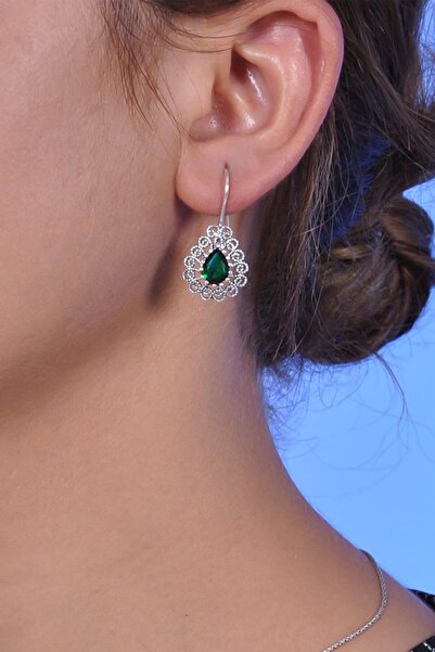 Midyat Nurtaş Gümüş Zümrüt Taşlı Damla Model Oksitli Telkari Gümüş Küpe