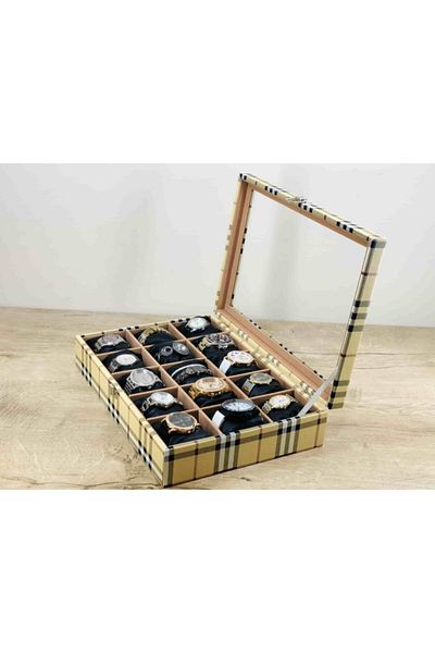Kelepir Fırsatlar 15 Pieces Large Size Wristwatch Capacity Watch Box Burberry Plaid Pattern Black Padded