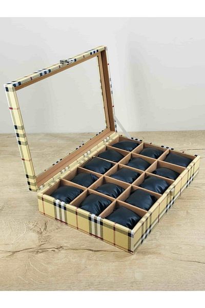 Kelepir Fırsatlar 15 Pieces Large Size Wristwatch Capacity Watch Box Burberry Plaid Pattern Black Padded
