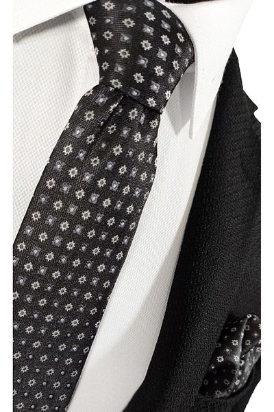 BLC Basic Line Co. Patterned Jacquard Microfiber 7 Cm Wide Tie and Handkerchief Set in Black Colors