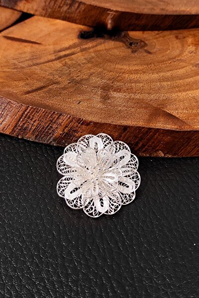 Aykat Gümüş Broş El Işi Beyaz Telkari Taşsız Yaka Iğnesi Çiçek Modeli Brs-154