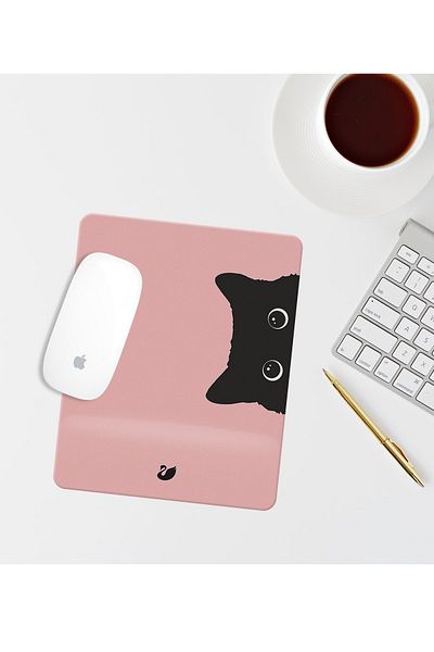 Özer Store Pink Cat Drawing Rectangular Mouse Pad with Wrist Support Mouse Pad