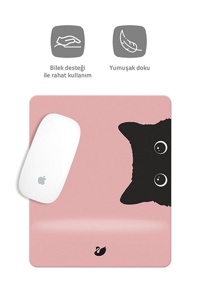 Özer Store Pink Cat Drawing Rectangular Mouse Pad with Wrist Support Mouse Pad