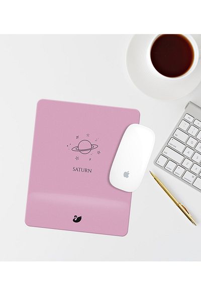 Özer Store Pink Minimal Saturn Drawing Rectangular Mouse Pad with Wrist Support Mouse Pad