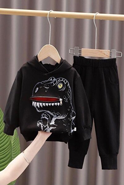 ADABEBEK Hooded Dinosaur Printed Style 2-Piece Baby Set with Zipper Mouth Detail