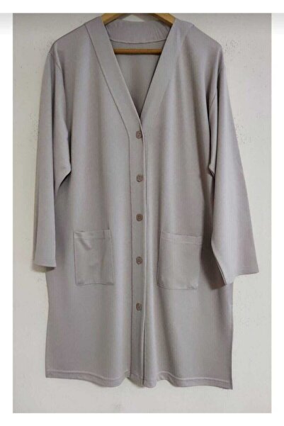 Nacar Kadın Gri Uzun Cepli Penye Anne Hırka
