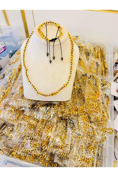 Budakoğulları Adult Ukrainian Drop Amber Necklace Bracelet Set Silver