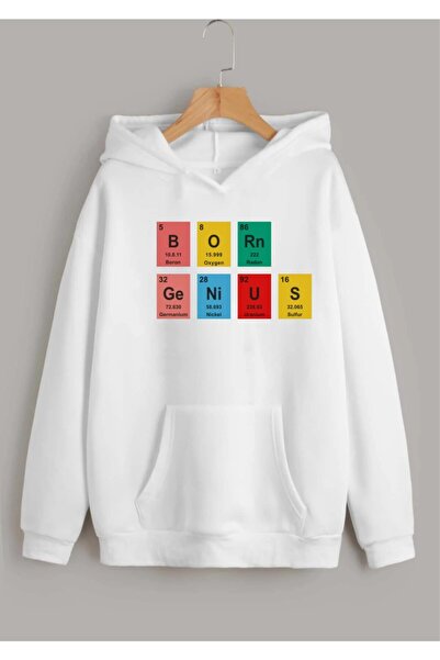 Deocept Unisex Oversize Beyaz Born Genius Baskılı Kapüşonlu 3 Iplik Sweatshirt