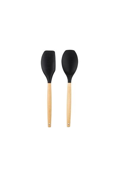 Tantitoni 006-01-bamboo Handle Black Colored Silicone Large Spoon and Spatula Set