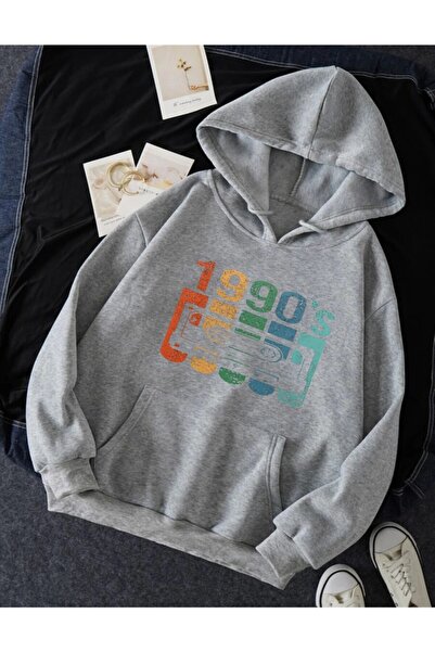 Deocept Φούτερ Unisex Oversize Grey 1990 με στάμπα με κουκούλα