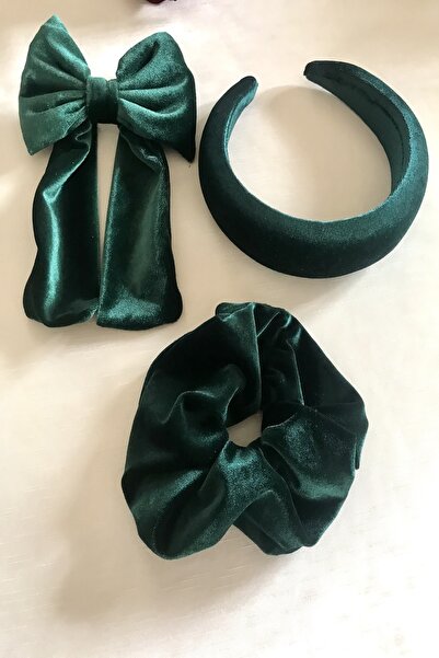 alsaccessories طقم مخمل أخضر مكون من 3 قطعمشبك القوس والتاج ومشبك الخبز