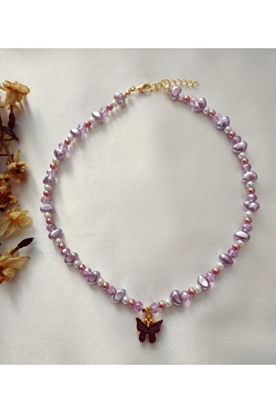 Fata Morgana Accessory Kelebek Uçlu Kristal Boncuklu Mor Barok Inci Kolye